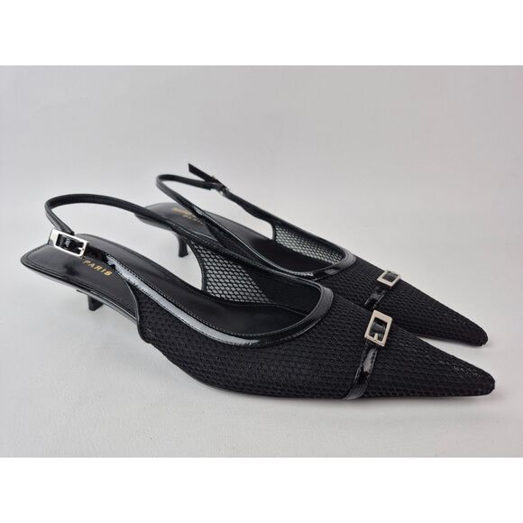 Saint Laurent Black Oxalis Quarida Slingback Mesh Buckle Kitten Heel Pump Size36 - Picture 1 of 6